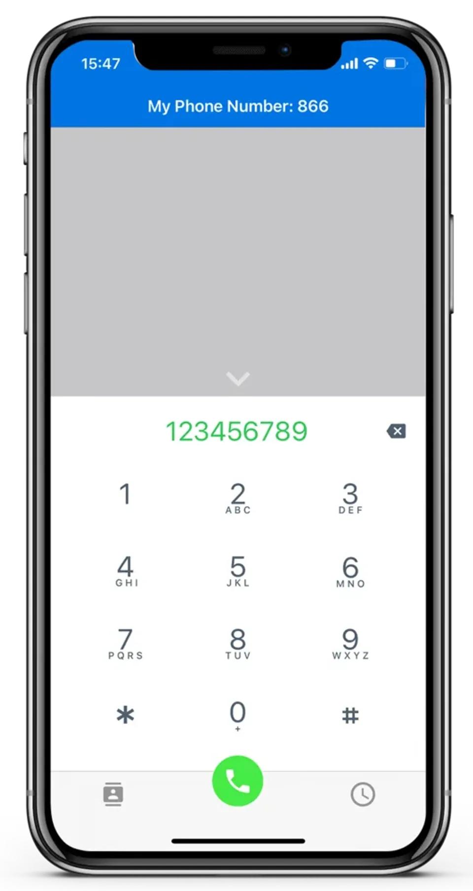 צילום מסך של אפליקציית הסופטפון CooCall — מסך חיוג עם לוח מקשים, מספר השלוחה בראש המסך וסרגל תחתון של אנשי קשר, לוח מקשים והיסטוריית שיחות