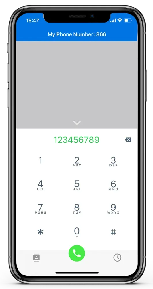 צילום מסך של אפליקציית הסופטפון CooCall — מסך חיוג עם לוח מקשים, מספר השלוחה בראש המסך וסרגל אנשי קשר, מקשים והיסטוריית שיחות