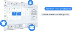 מסך קונסולת המוקדן (IP Audio Dispatch Console) — כריזה חיה בזמן אמת ולוחות זמנים לשידור, עם רשת מכשירי הקצה וסטטוס כל אחד מהם