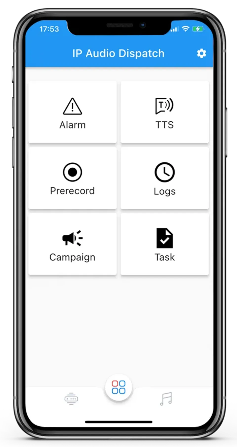צילום מסך של אפליקציית IP Audio Dispatch — מסך ראשי עם אריחי פעולה: התראת חירום (Alarm), המרת טקסט-לדיבור (TTS), הודעה מוקלטת (Prerecord), יומנים (Logs), קמפיין ומשימות