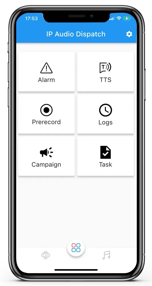 צילום מסך של אפליקציית IP Audio Dispatch — מסך ראשי עם אריחי פעולה: התראת חירום, TTS, הודעה מוקלטת, יומנים, קמפיין ומשימות