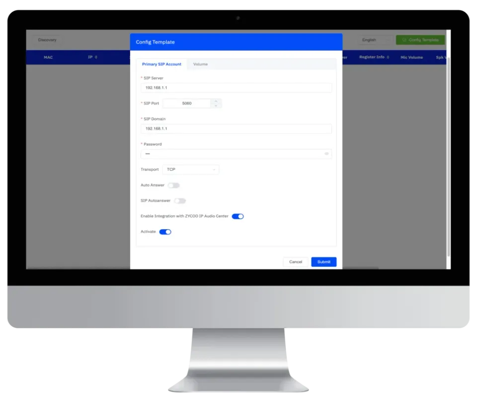 צילום מסך של תוכנת ה-SAAD Tool — חלון תבנית הגדרה (Config Template) עם שדות חשבון SIP (שרת, פורט, דומיין, סיסמה, פרוטוקול) ומתג לשילוב מול ZYCOO IP Audio Center